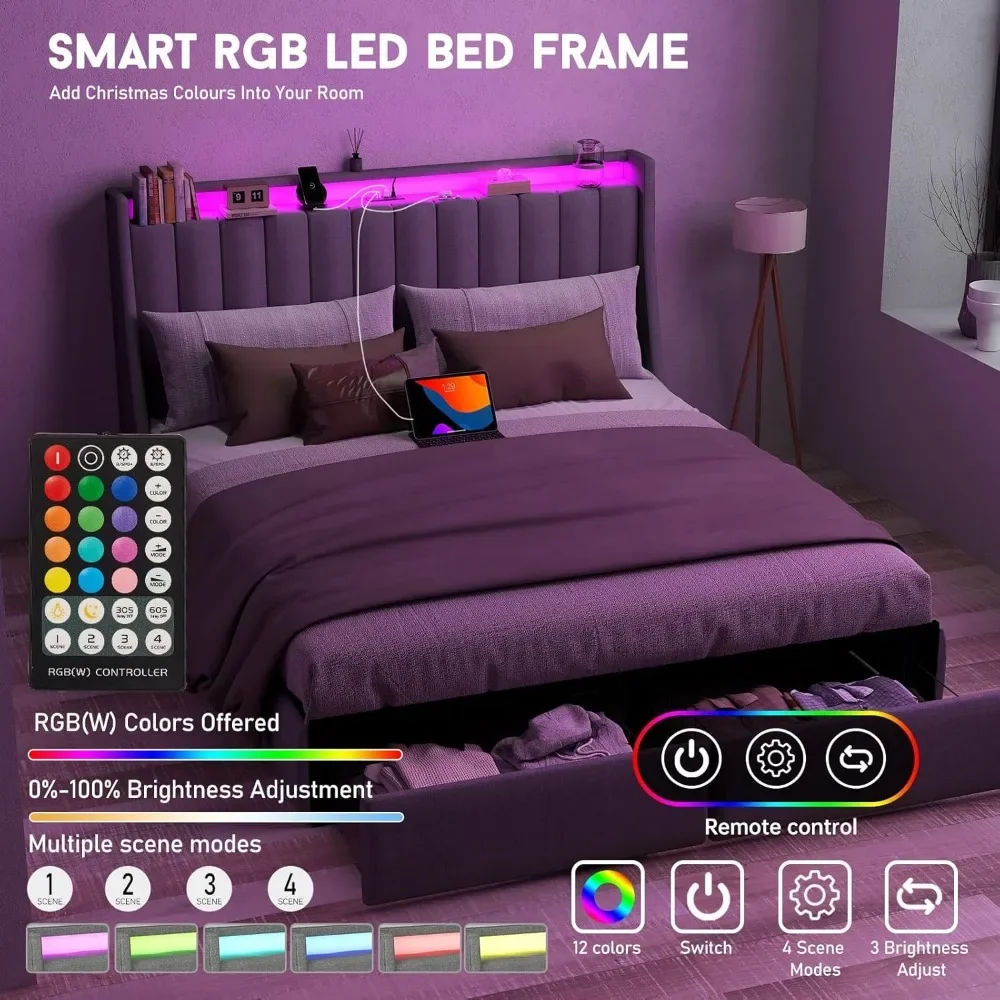 Estrutura de cama queen com 2 gavetas de armazenamento, estação de carregamento, cabeceira de armazenamento e luzes LED, controle remoto/sem ruído/cinza escuro