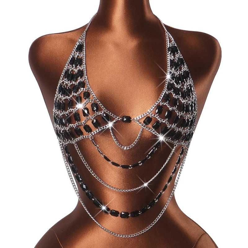 Damen Strass-Körperkette Top mit Neckholder, mehrschichtiges Kristall-Harness-Crop-Top, sexy Edelstein-Cami-Set für Damen – Detail 4