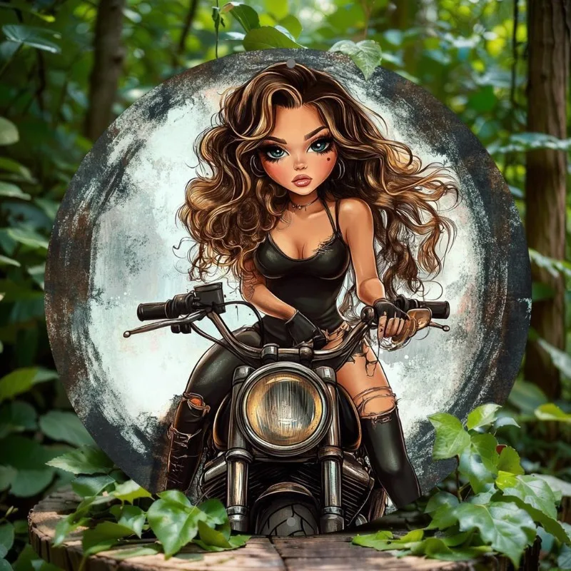 Motorcycle Girl Themed Aluminum Art Set, 2D Flat Print Metal Sign for Home, Office, Bar, and Party Decor, Pre-Drilled