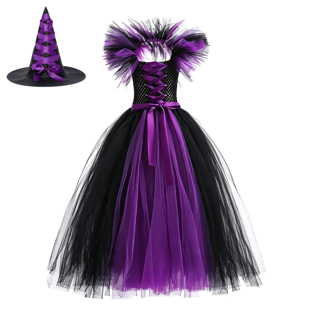 Schwarzes und lila Hexenkleid in voller Länge mit Hexenhut und Besen für Halloween-Cosplay für Mädchen – Detail 10