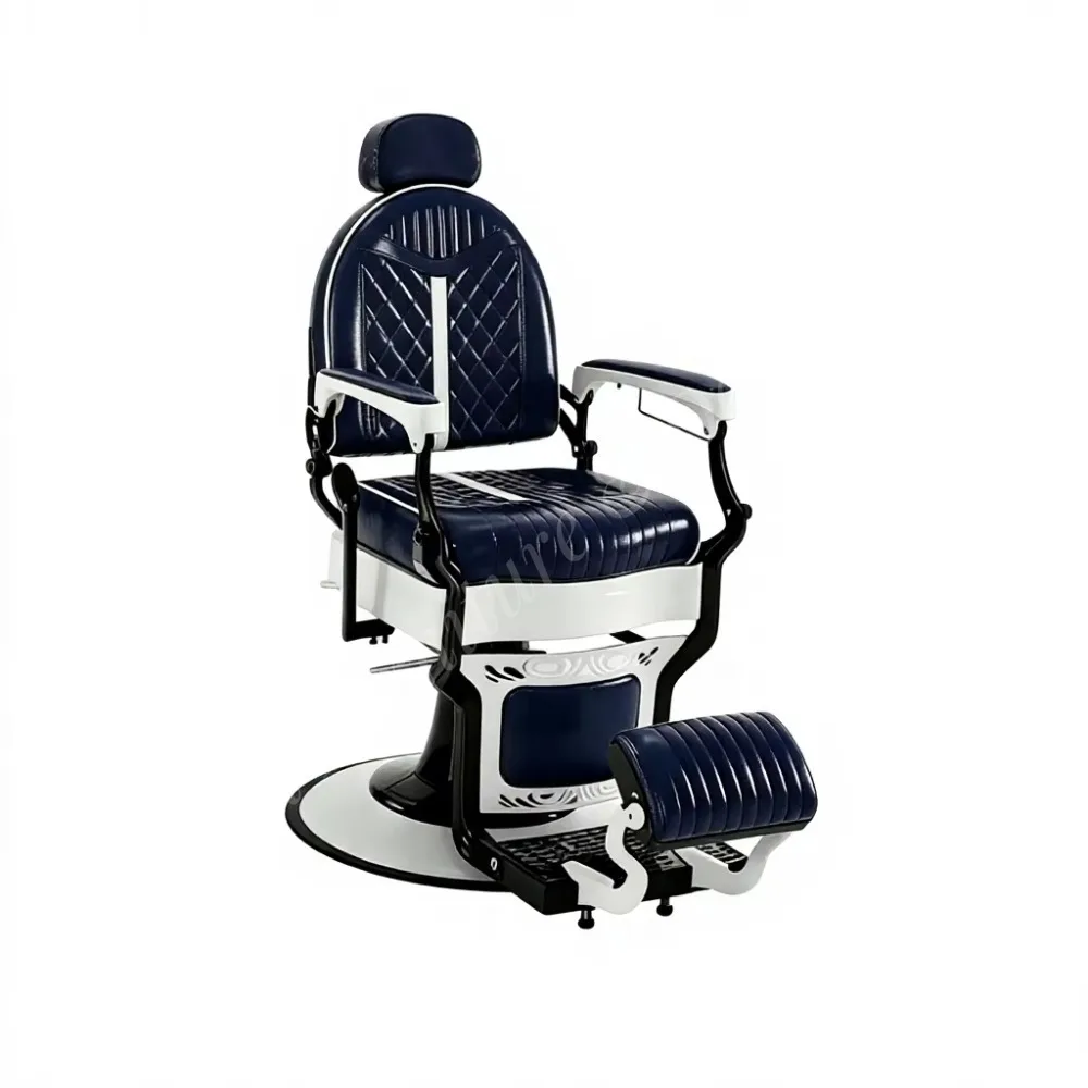 Navy Blue Synthetic Leather Diamond Stitch Modern Barber Chair Hydraulic Reclining Rotatable Durable Barbershop Shaving Chair