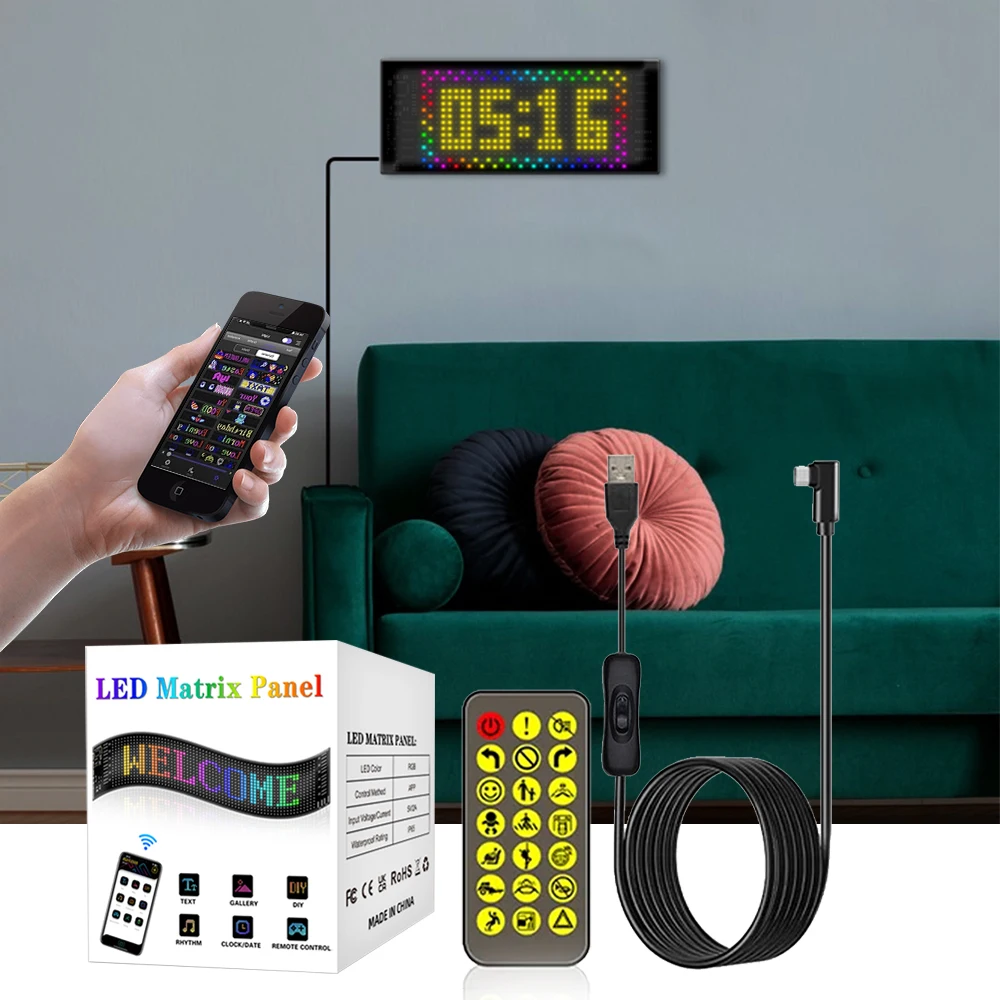 Usb 5v led tela flexível matriz pixel painel de exibição inteligente bluetooth app controle rgb padrão graffiti texto festa exibição carro