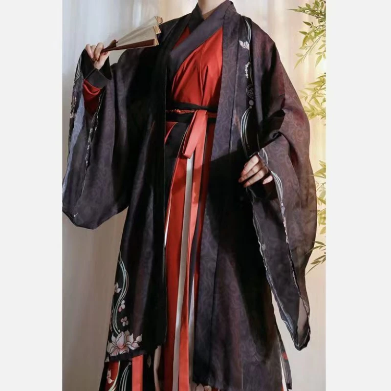 Ancient Chinese Traditional Hanfu for Women and Men Outfit Top Skirt Coat Couple Costumes Swordsman Black Red 3M 3PCS Full Sets