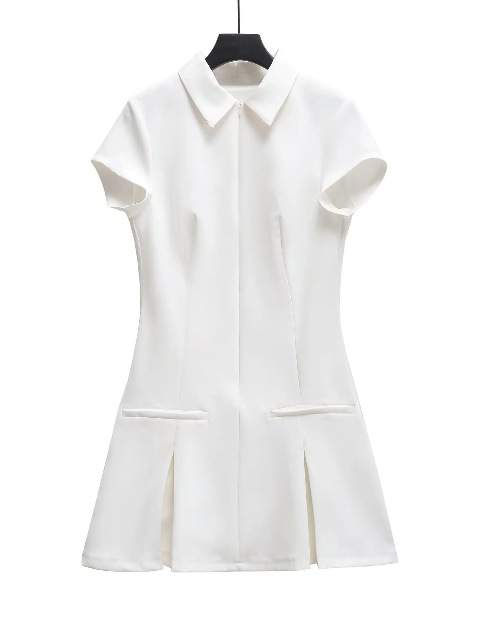 

French niche lapel slim short-sleeved dress for women summer new style waist slimming pleated hip skirt