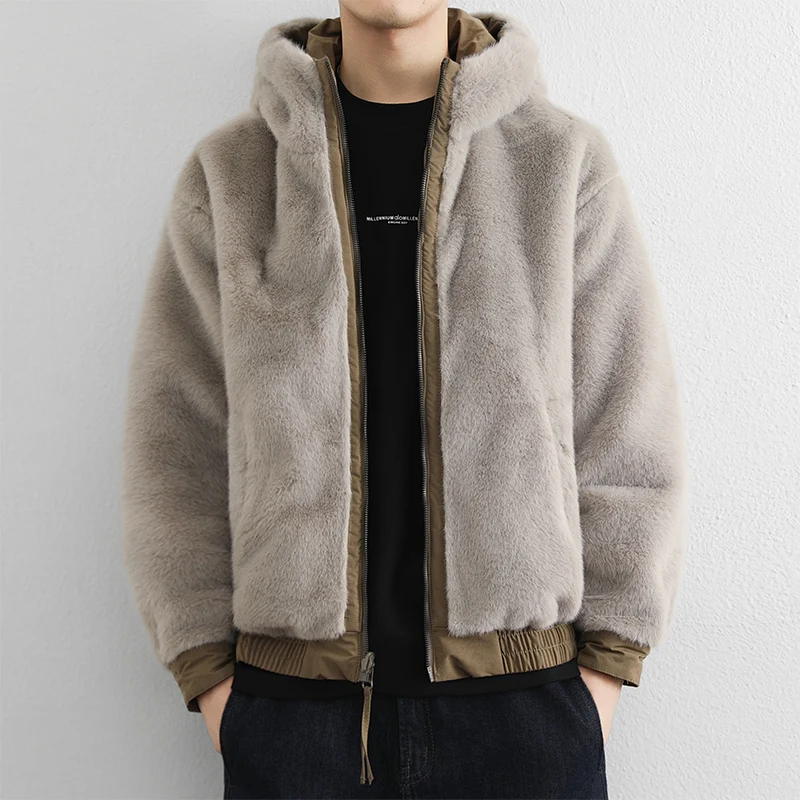 Fashion Men\'s Mid-Length Hooded Fleece Jackets Winter Windproof Fur Collar Thick Plush Coats Youth Streetwear Warm Padded Parkas