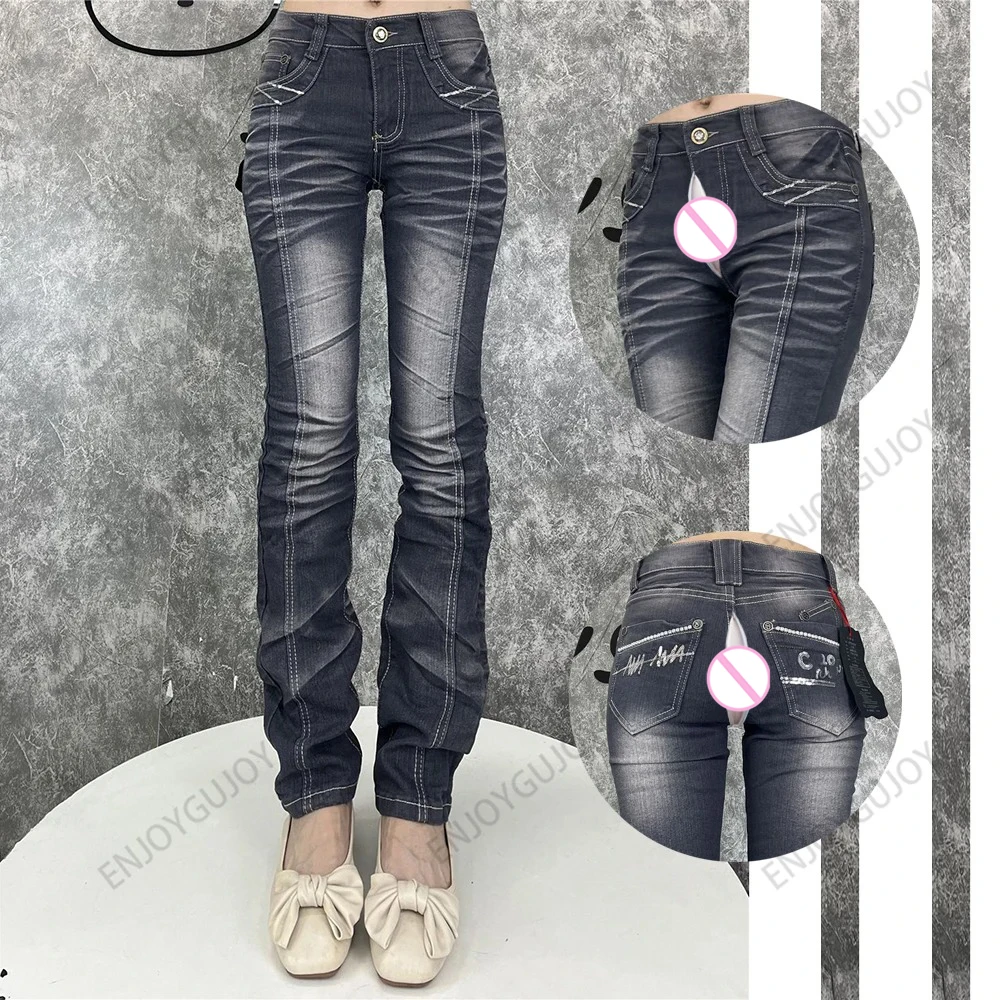 

Spicy Girl Fashion Small Foot Trousers,Invisible Open Crotch Outdoor Sex Straight Leg Jeans Women's,Mid Rise Slim Fit Pants