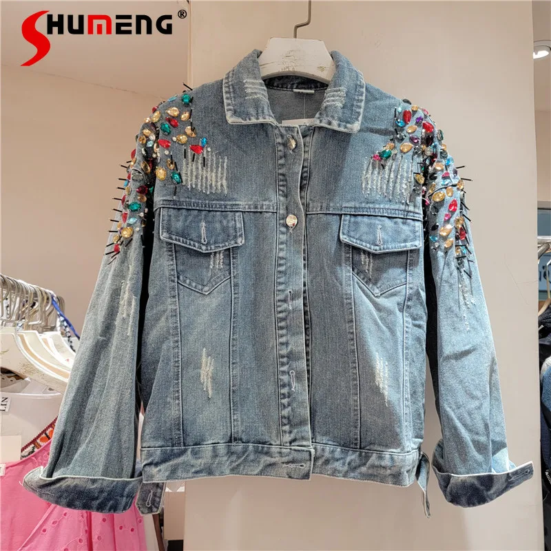 

Spring And Autumn New Polo Collar Shoulder Heavy Industry Manual Diamond Beaded Loose Short Single-breasted Denim Coat Top Women