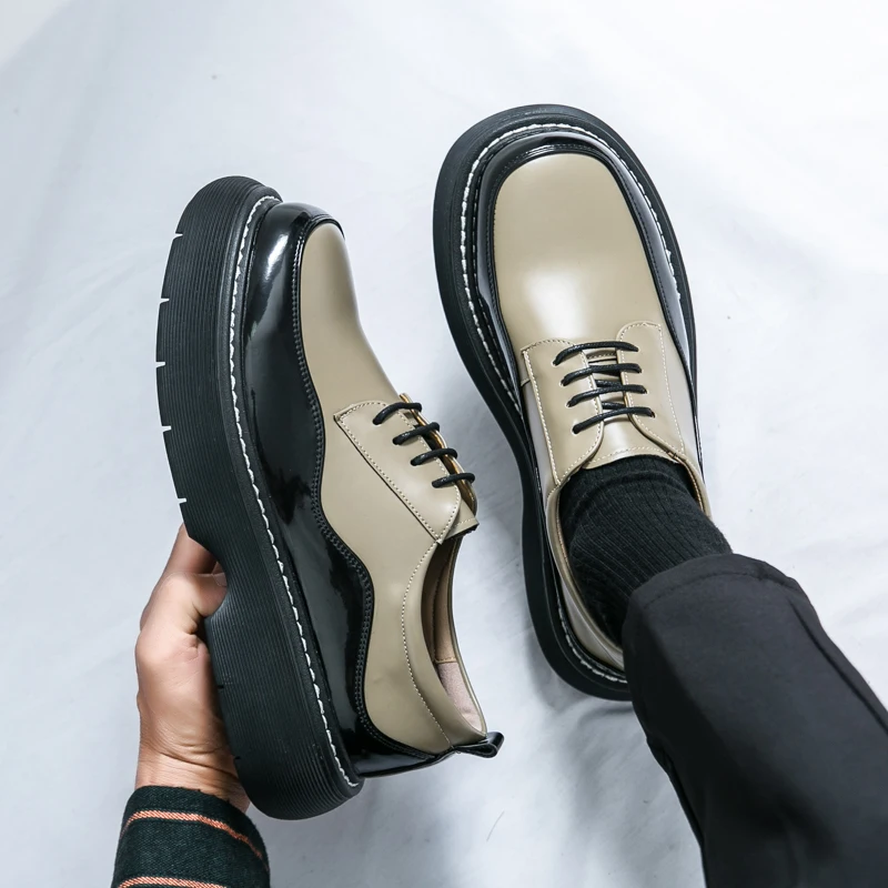 Brand New Men's Spliced Comfortable Lace Up Oxford Shoes, Fashionable Spring Style Men Thick Soled Business Casual Leather Shoes