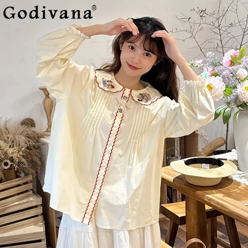 

Mori Girls Japanese Sweet Lolita Shirt Spring and Autumn Womens Sweet Embroidery Vintage Tops Long Sleeve Cotton Blouses 2025