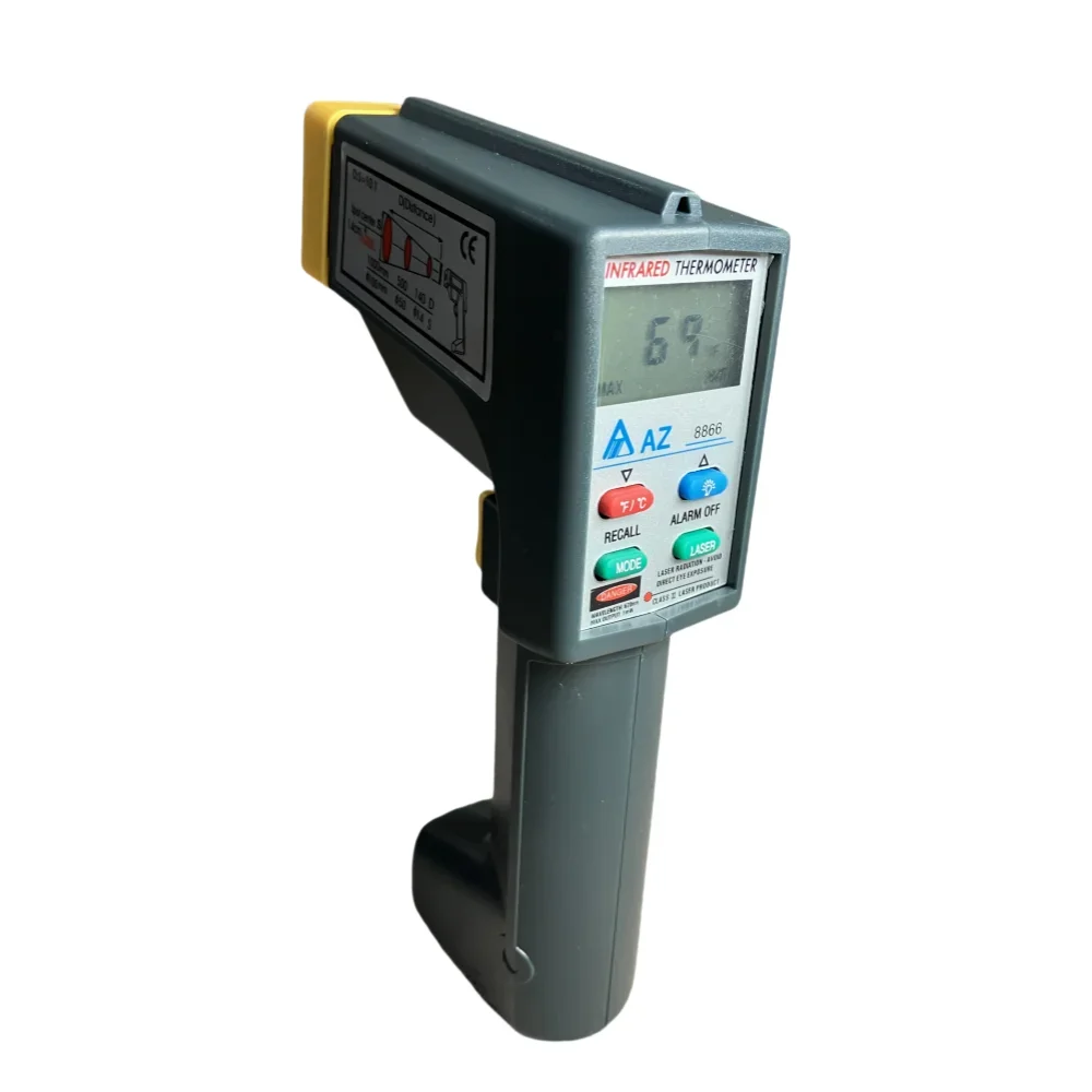 AZ8866 ميزان الحرارة بالأشعة تحت الحمراء ميزان حرارة الطعام غير المتصل مع نطاق قياس إنذار عالي ومنخفض الحجم -20 ~ 420، العمق: S=10:1