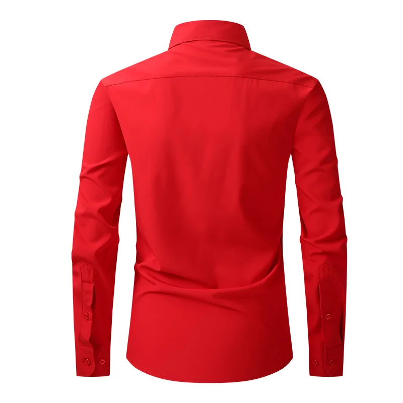 Solid Color Men\'s Long-sleeved Shirt, Single-breasted Square Collar Small Elastic Shirts, Suitable for Wedding/Business/Office