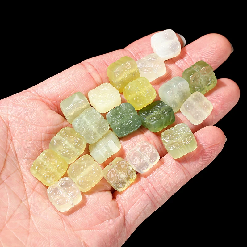 1 Pc Natural Light Green Jade Wealth Square Carved Bead Charm Pendant For Jewelry Making Diy Necklace Bracelet Accessory