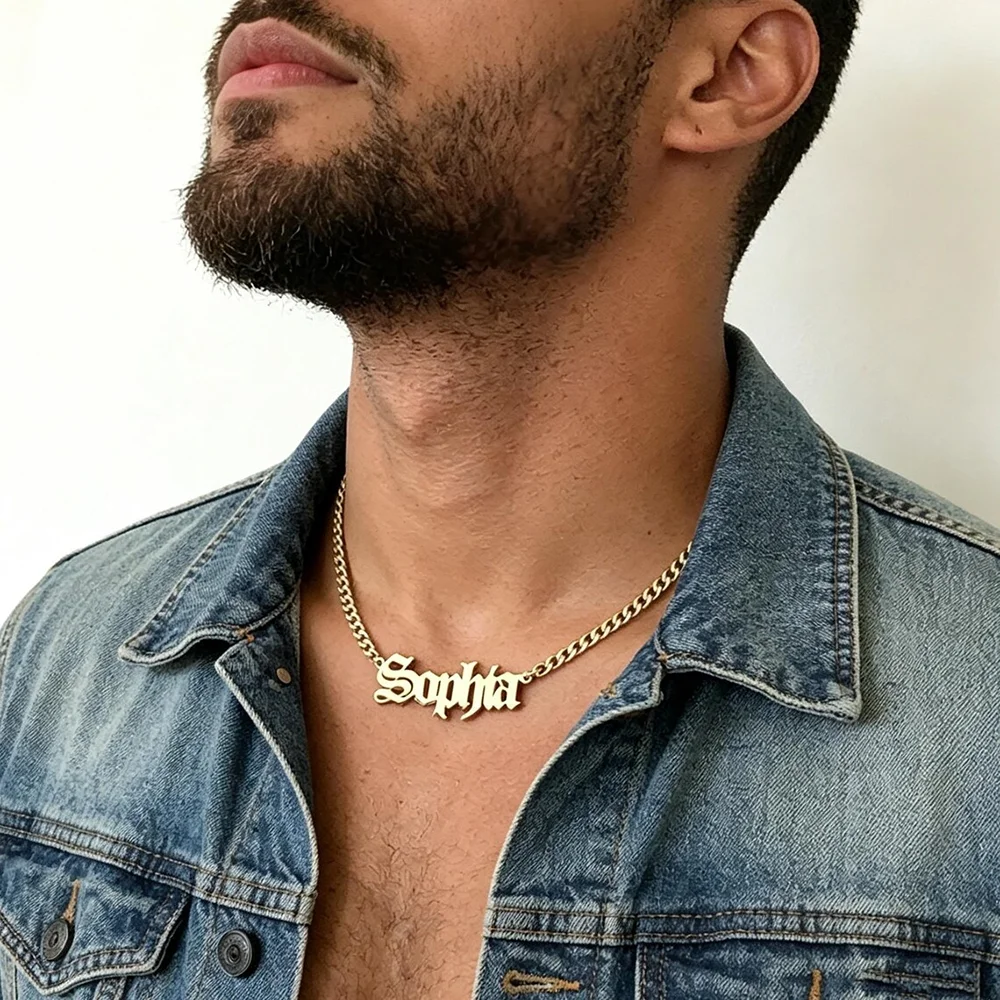 Men Personalized Gothic Script Name Tag Necklace Gold Stainless Steel Custom Word Curb Chain Streetwear Male Accessory