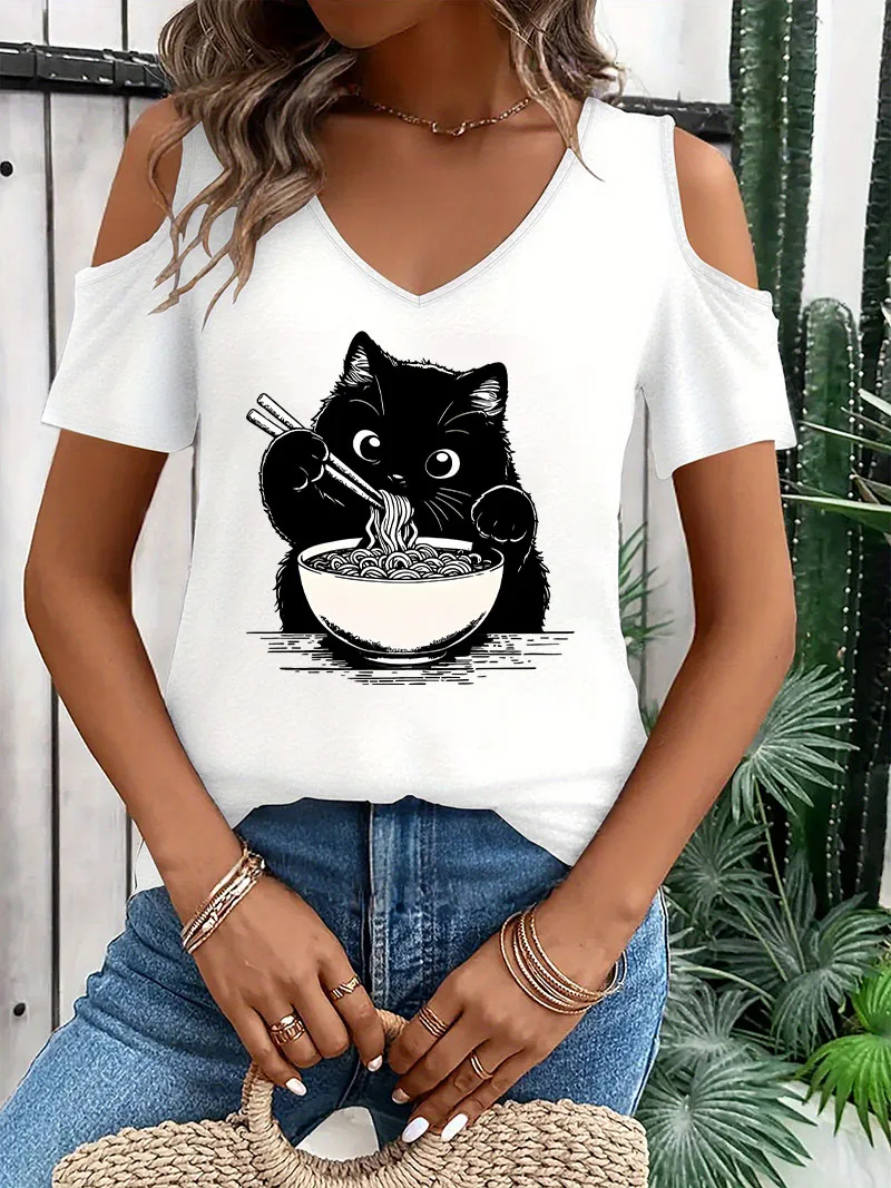 Japanese Style Ramen Cat Off-Shoulder V-Neck T-shirt Kawaii Cat Short Sleeve Graphic V Neck T Shirt Casual Top Summer Women