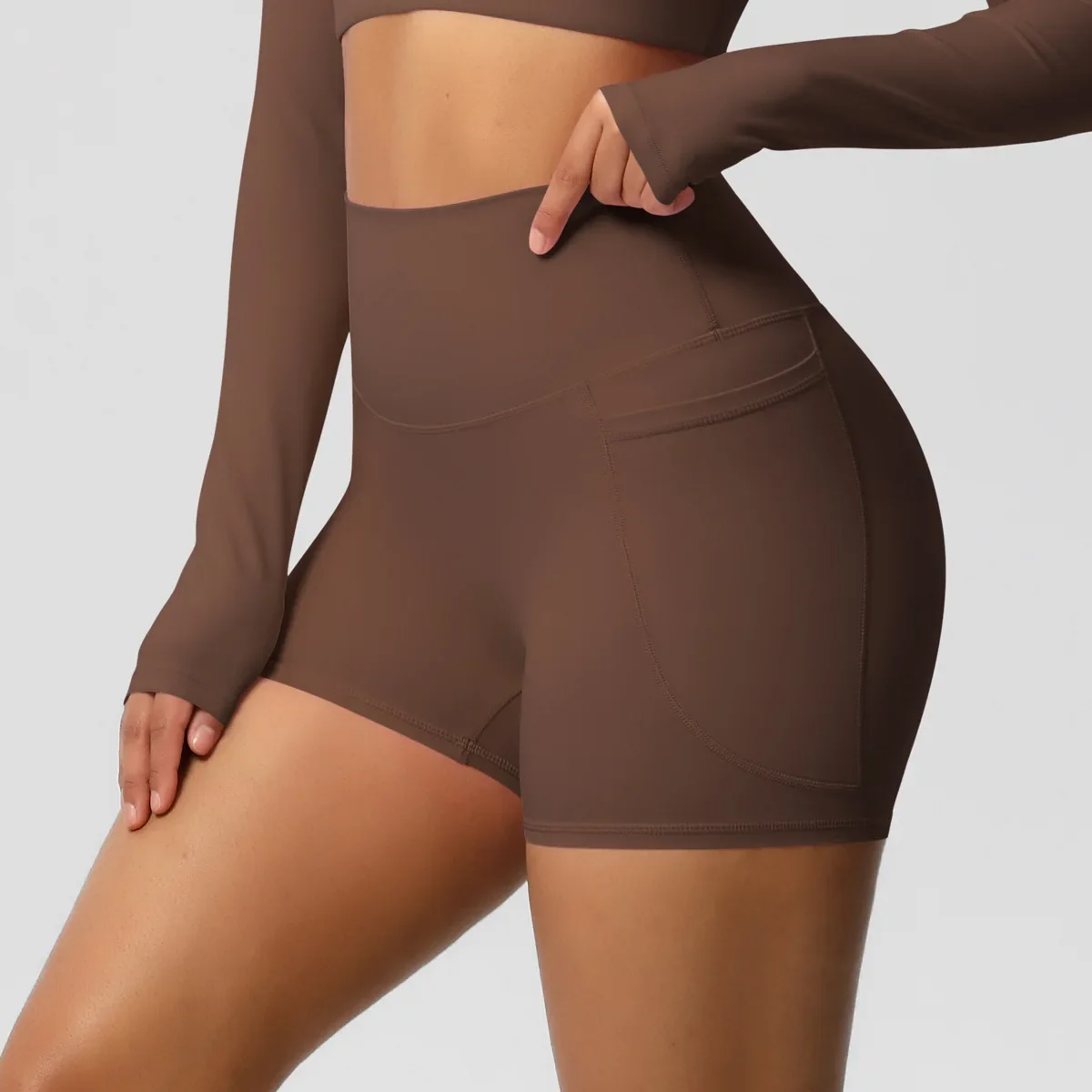 

New Yoga Shorts Brushed Fabric High Waist Tight High Elastic Pocket Yoga Shorts Sports Running Workout Clothing Gym Shorts Women