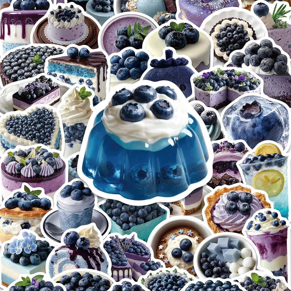 50Pcs Blueberry Theme Cute Fruit Cake PVC Stickers Waterproof Sweet Dessert Decal for Bottle Laptop Scrapbook Journal Stationery