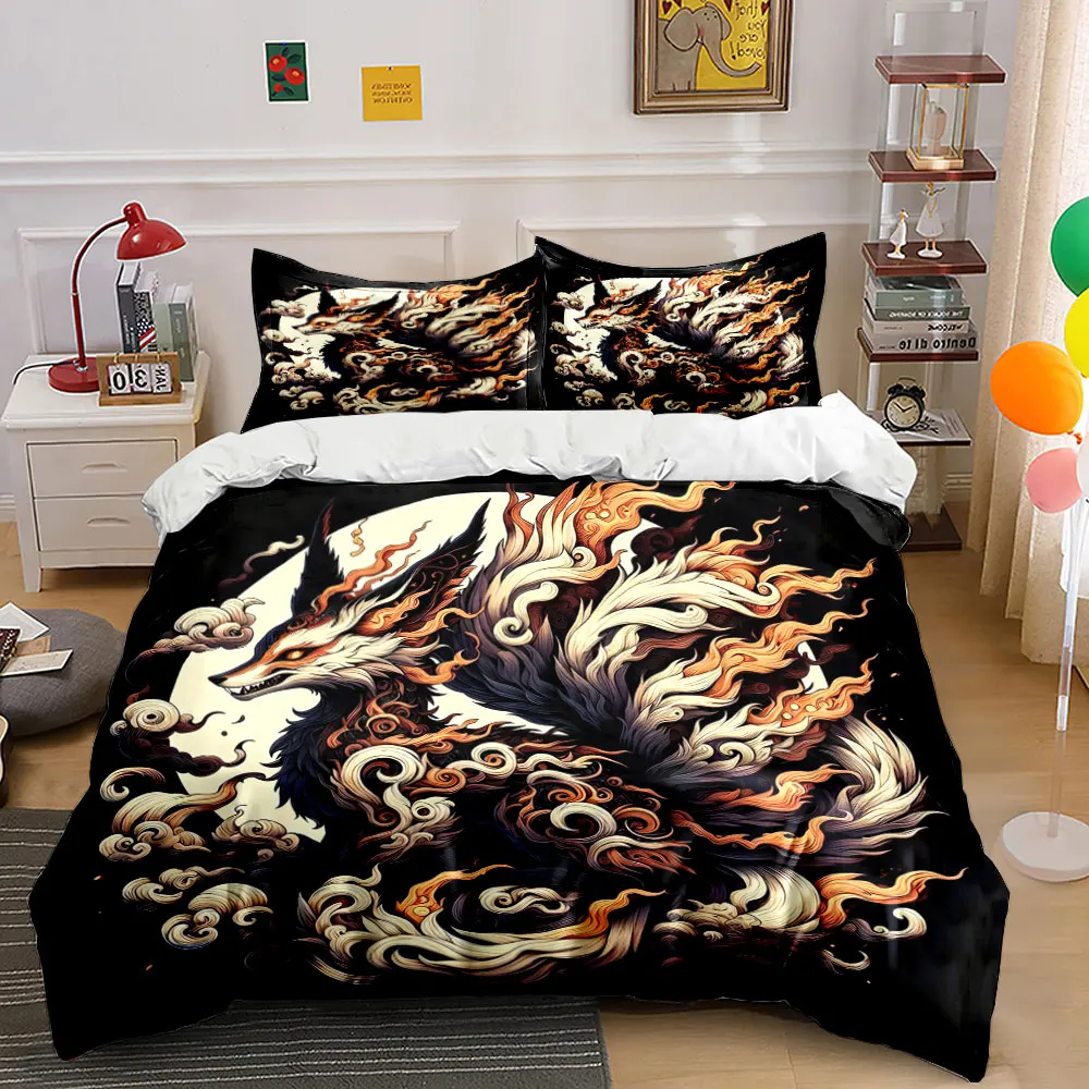 Fiery textured mystical fox pattern Duvet Cover Set with 3D Printing Design Soft Polyester Bedding Set All-Season Comfort