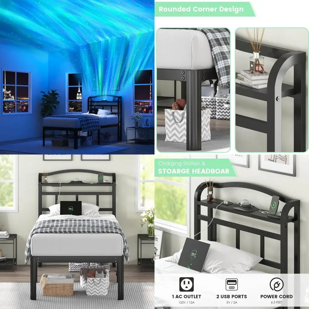 

Двуспальная кровать с местом для хранения, проектором звездного неба и зарядной станцией — прочная металлическая рама, не требует пружинного блока, простая сборка.