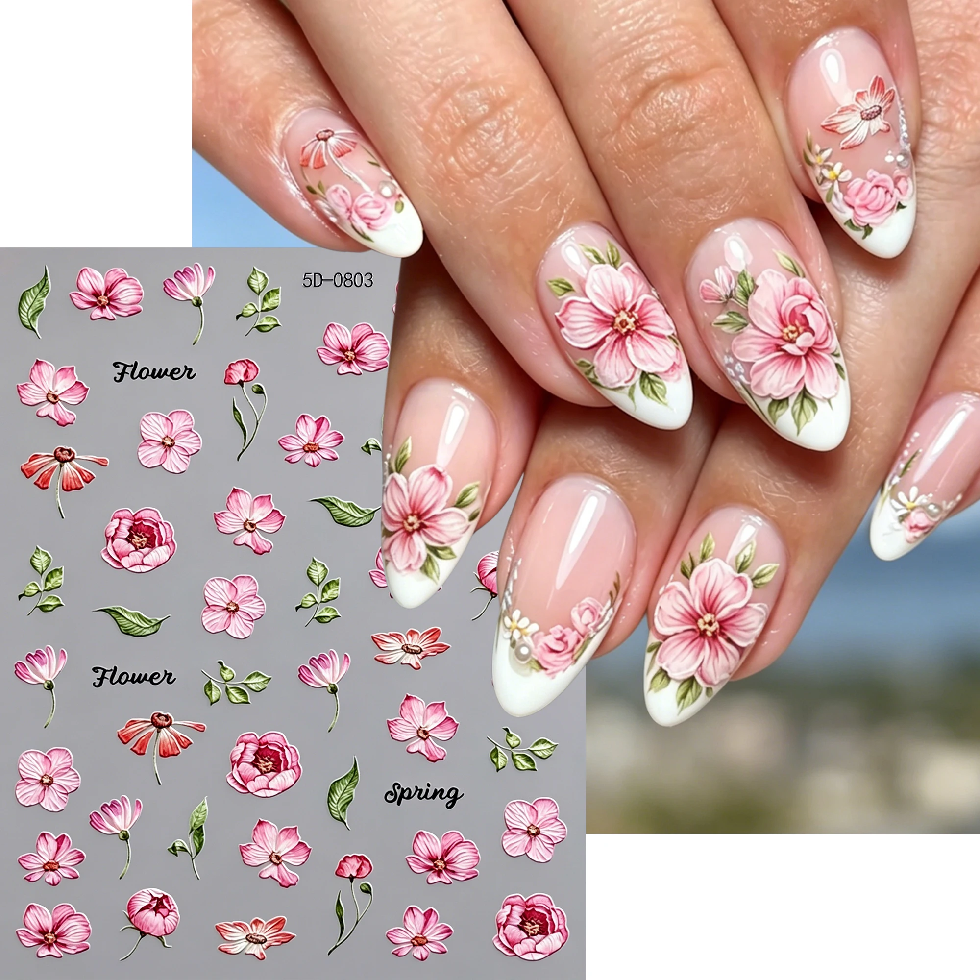 1Pcs Spring Cherry Blossom Peony Green Leaf Nail Stickers 5D Pink 5-Petal Floral Self‑Adhesive Nail Decals DIY Nail Art Supplies
