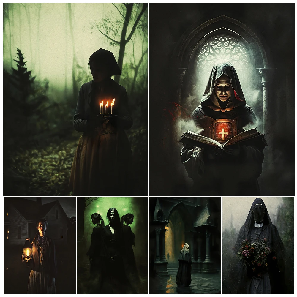 Creepy Nuns Of Hell,Believers,Prophets Vintage Wall Art Canvas Painting Abstract Horror Witchcraft Art Poster And Print Decor