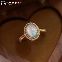 Foxanry Gold Color Sparkling Zircon Opal Rings For Women Girls Fashion Simple Exquisite Elegant Vintage Engagement Jewelry Gifts