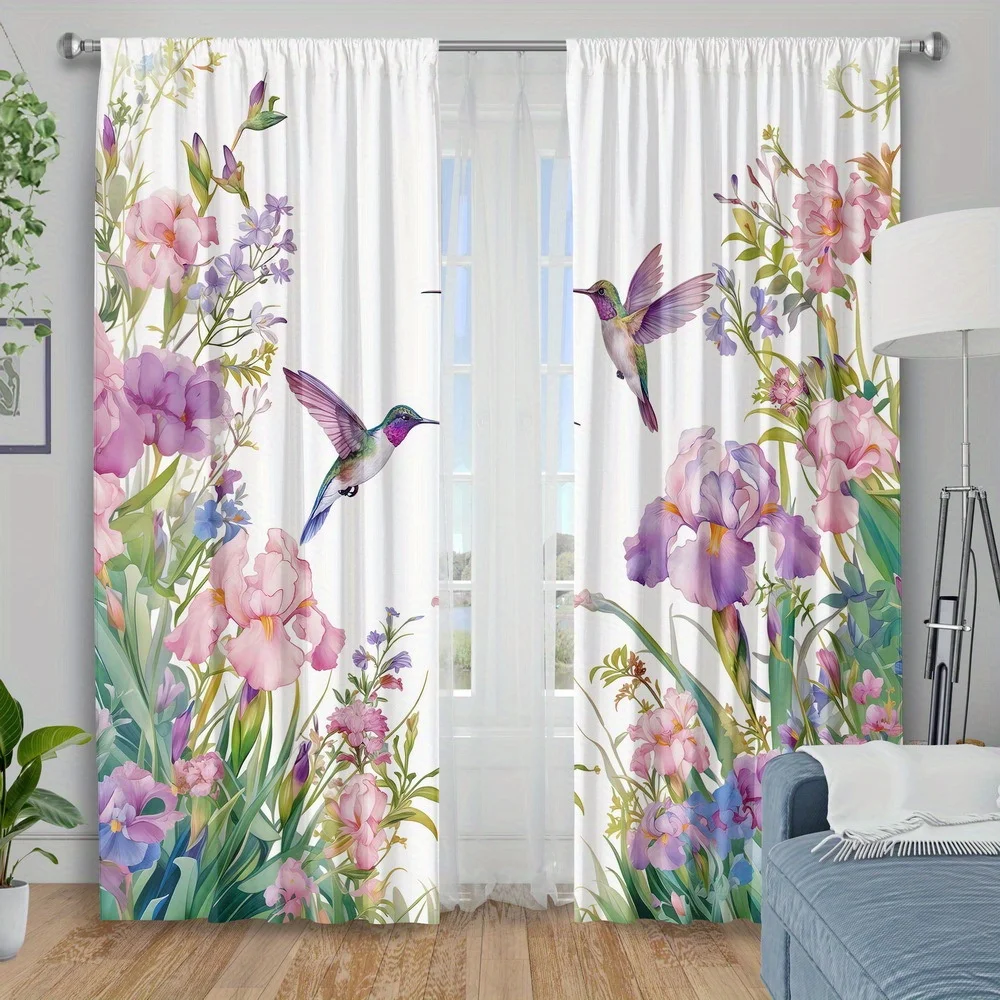 2 Panels Watercolor Floral Hummingbird Printed Curtains Pink Purple Flowers Window Drapes for Living Room Bedroom Home Decor
