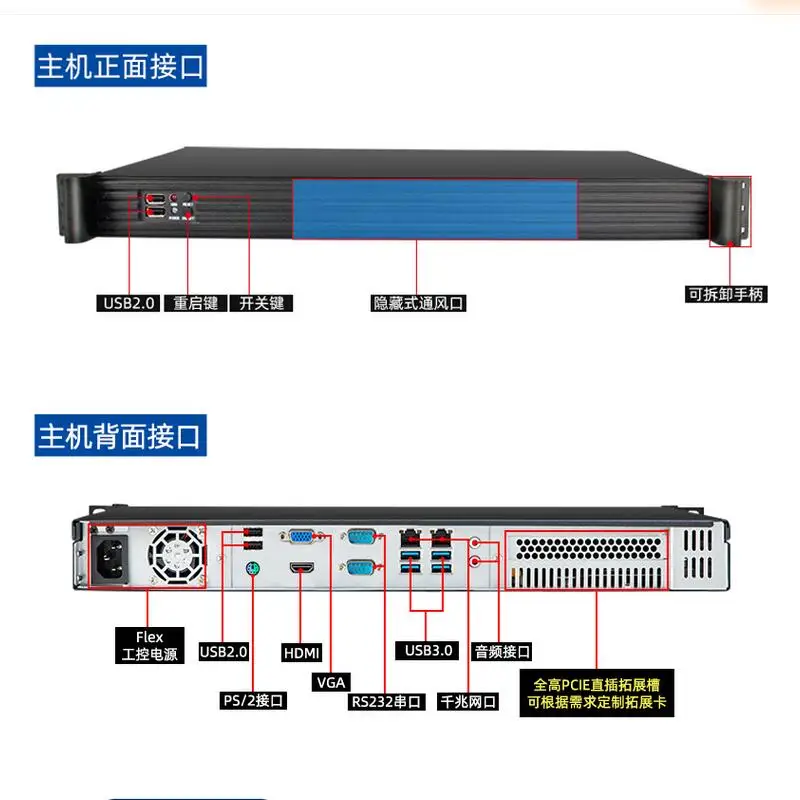 1uラックマウント産業用コンピューターIntelCore i3 6100u 7100 x lan 2 * com 8 * USB hd vga ps2,統合コントローラー,拡張ボックス