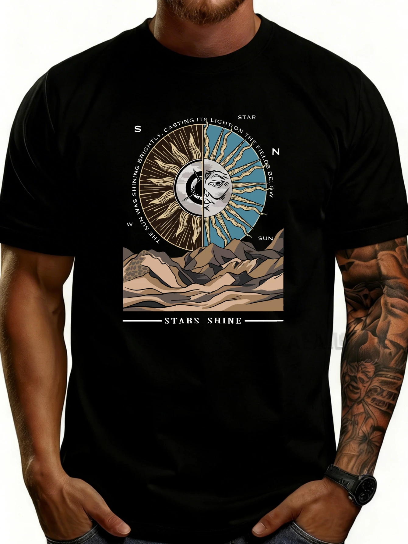 Men's Plain Graphic T-Shirt - Breathable, Soft, Lightweight - Sun and Moon on the Mountain - Vintage Fun Graphic Casual Short Sleeve Summer Top, Gift for Him
