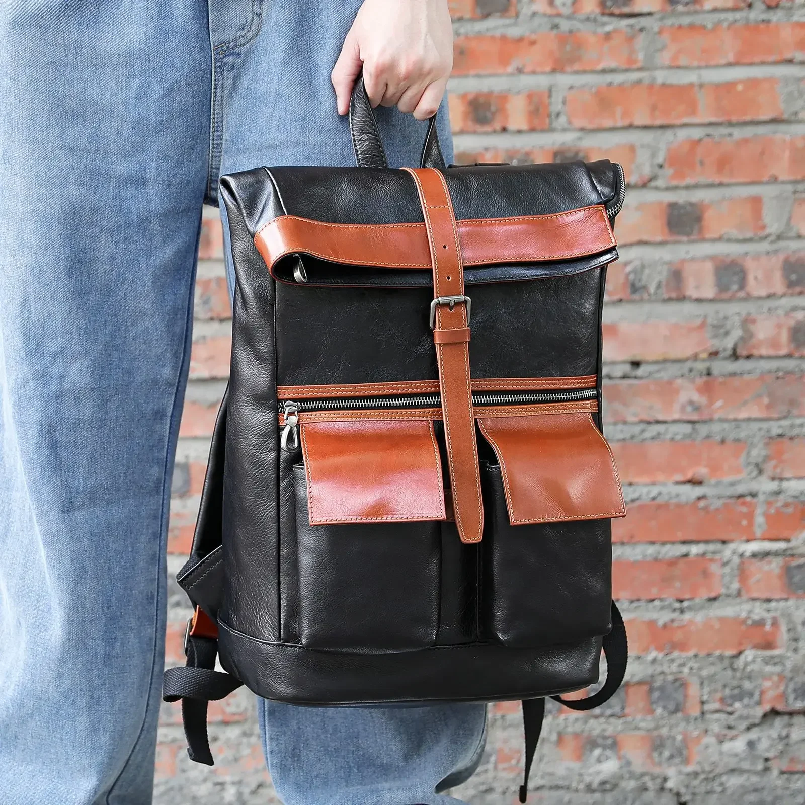 

Vintage Genuine Leather Backpack for Men with Large Capacity