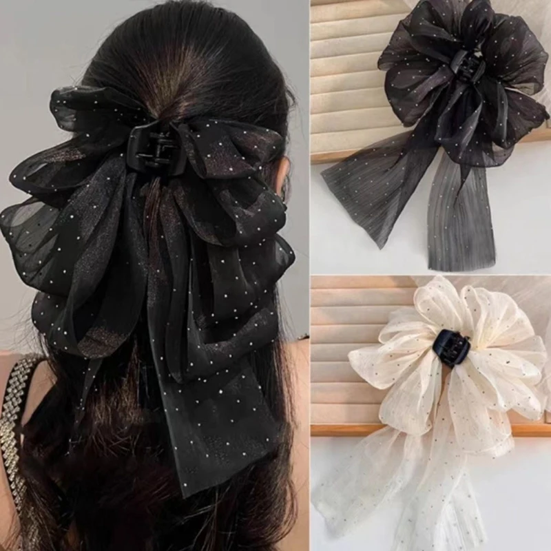 Duża siateczkowa kokardka do włosów Słodka elegancka prosta spinka do włosów Kobiety Kucyk Krab Klip Dziewczyny Wstążka Antypoślizgowe akcesoria do włosów