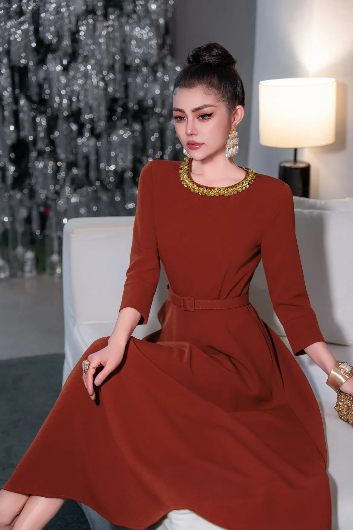 ZJYT Elegant Midi Cocktail Party Dresses for Women 2024 Spring Summer V Neck Solid Aline Evening Dress Half Sleeve Green Vestido