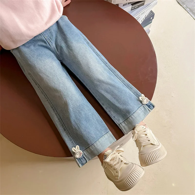 Girls Spring Jeans Kids Versatile Straight-Leg Pants Children Autumn Fashionable Rabbit Embellishment Wide-Leg Pants 2-8 Years