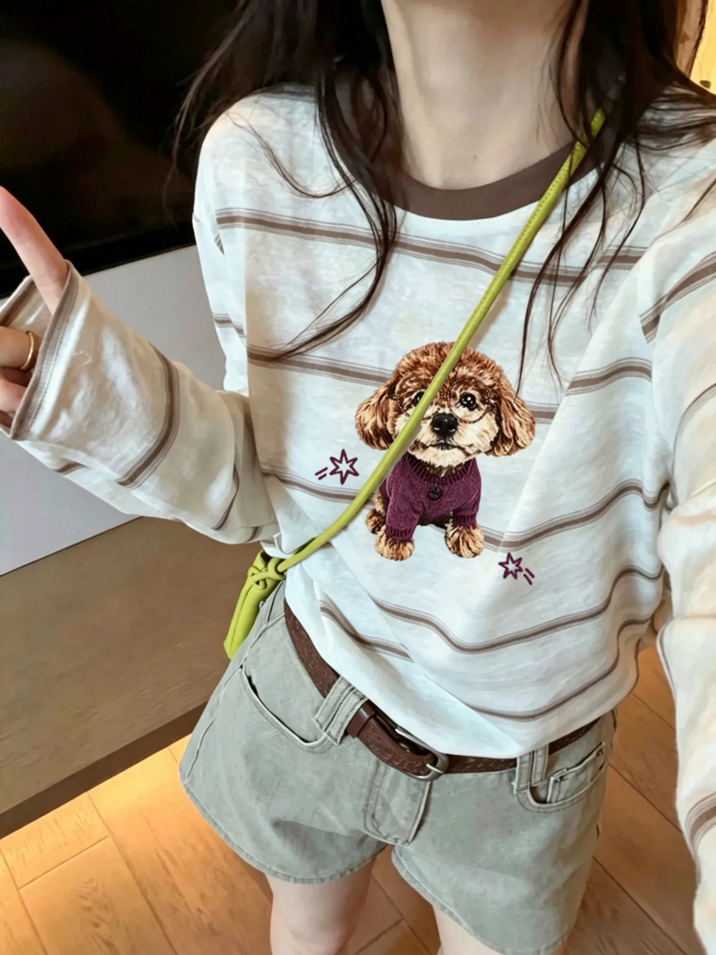 Retro Korean Long Sleeve T-Shirt Women's Cartoon Print Anti-Aging White Stripe Snowflake Cotton Sunshade Cover up