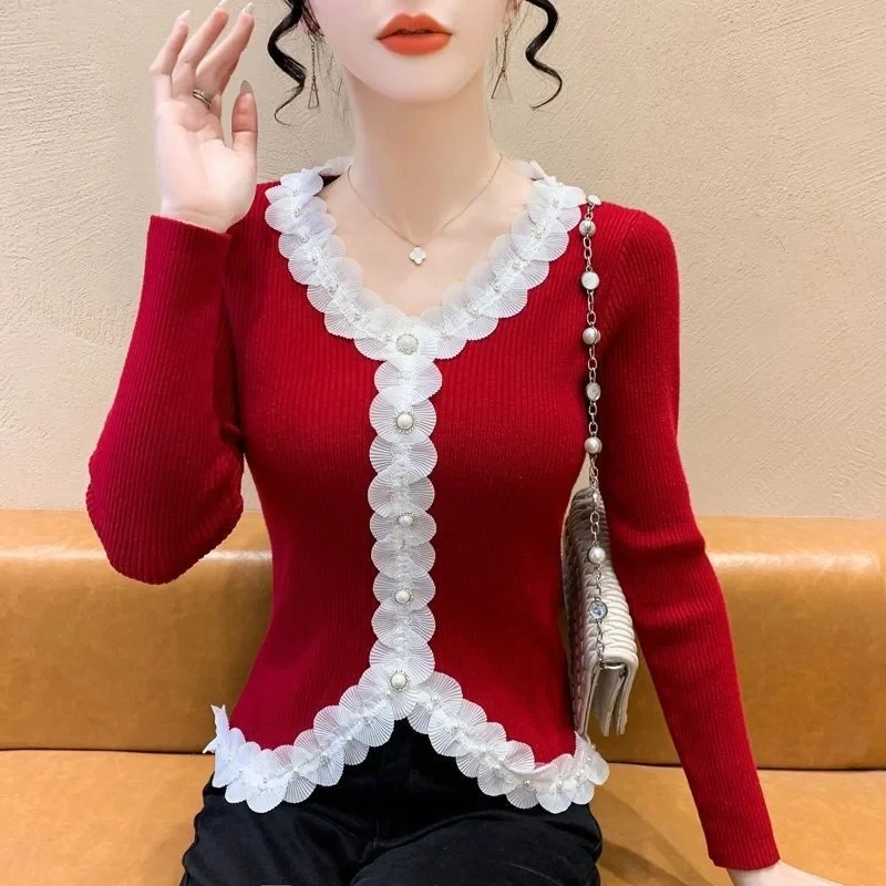 

2025 New V-neck Splicing Lace Long-Sleeved Pullover Sweater Spring Autumn Women Casual All-Match Bottoming Shirt Knitwear Top