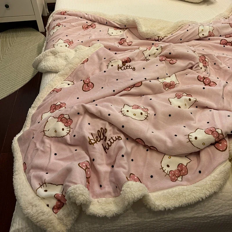 Sanrio Hello Kittys Pink Bow Lamb Velvet Blanket Winter Thickened Warm Milk Coral Velvet Blanket Quilt Cover Sofa Office Blanket