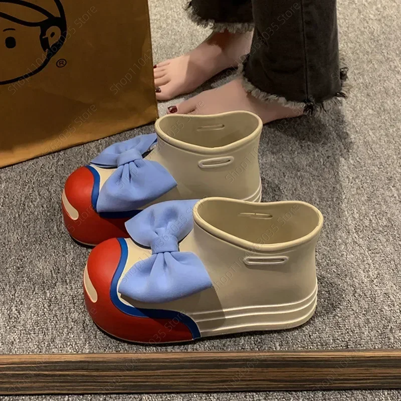 

Новинка 2025, женские резиновые сапоги с бантом, ультралегкие водонепроницаемые уличные нескользящие резиновые сапоги из ЭВА для взрослых, резиновые сапоги с круглым носком на толстой подошве