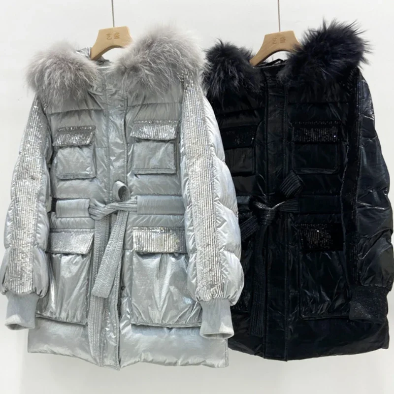 Fashion Bright Silver Down Jacket Women Winter Coat 2024 New Hooded Fur Collar Warm 90% White Duck Down Jackets Female