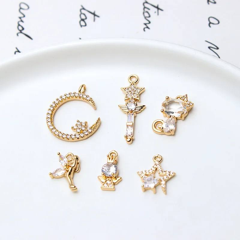 1pcs Copper Rhinestones Moon Star Fairy Stick Angel Cat Pendant Diy Necklace Pendant Accessories Material Handmade Charms