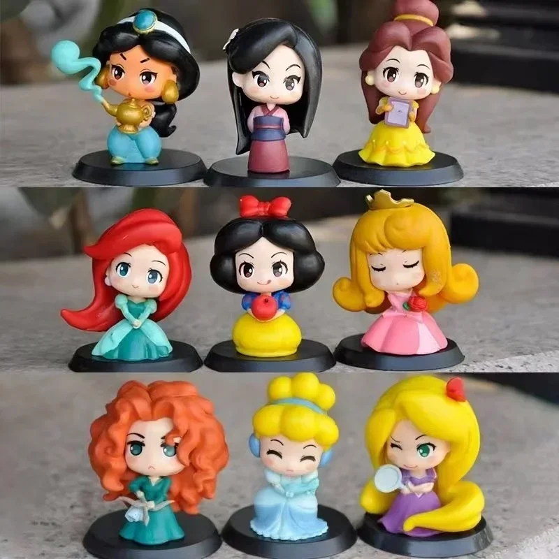 Disney Princess 6cm 9Pcs/Set PVC Mulan Aurora Cinderella Snow White Mermaid Rapunzel Bella Action Figures Children Toys Gifts