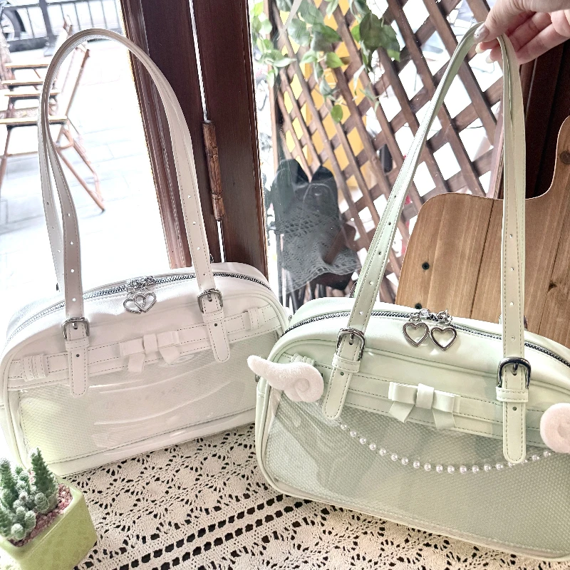 Sweet Lolita Itabag Girl Bow Pearl Chain Shoulder Bag Transparent PVC Window Heart Zipper Casual Handbag for Anime Badge Display