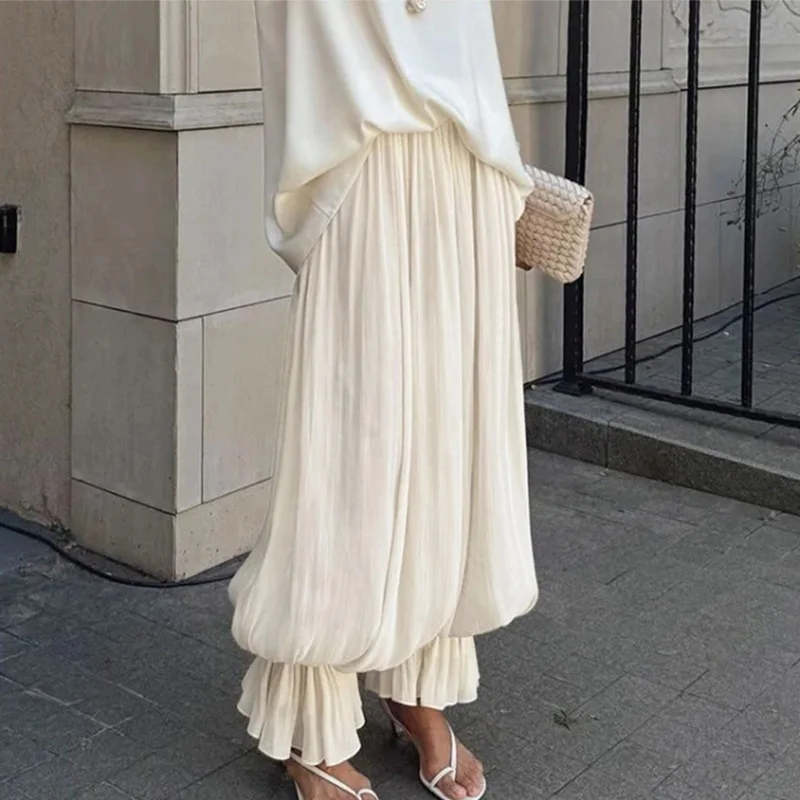 

TARUXY Fashion Ruched Long Trousers Women's Elastic Waist Elegance Solid Leisure Trousers 2025 Autumn Commuting Clothing Female