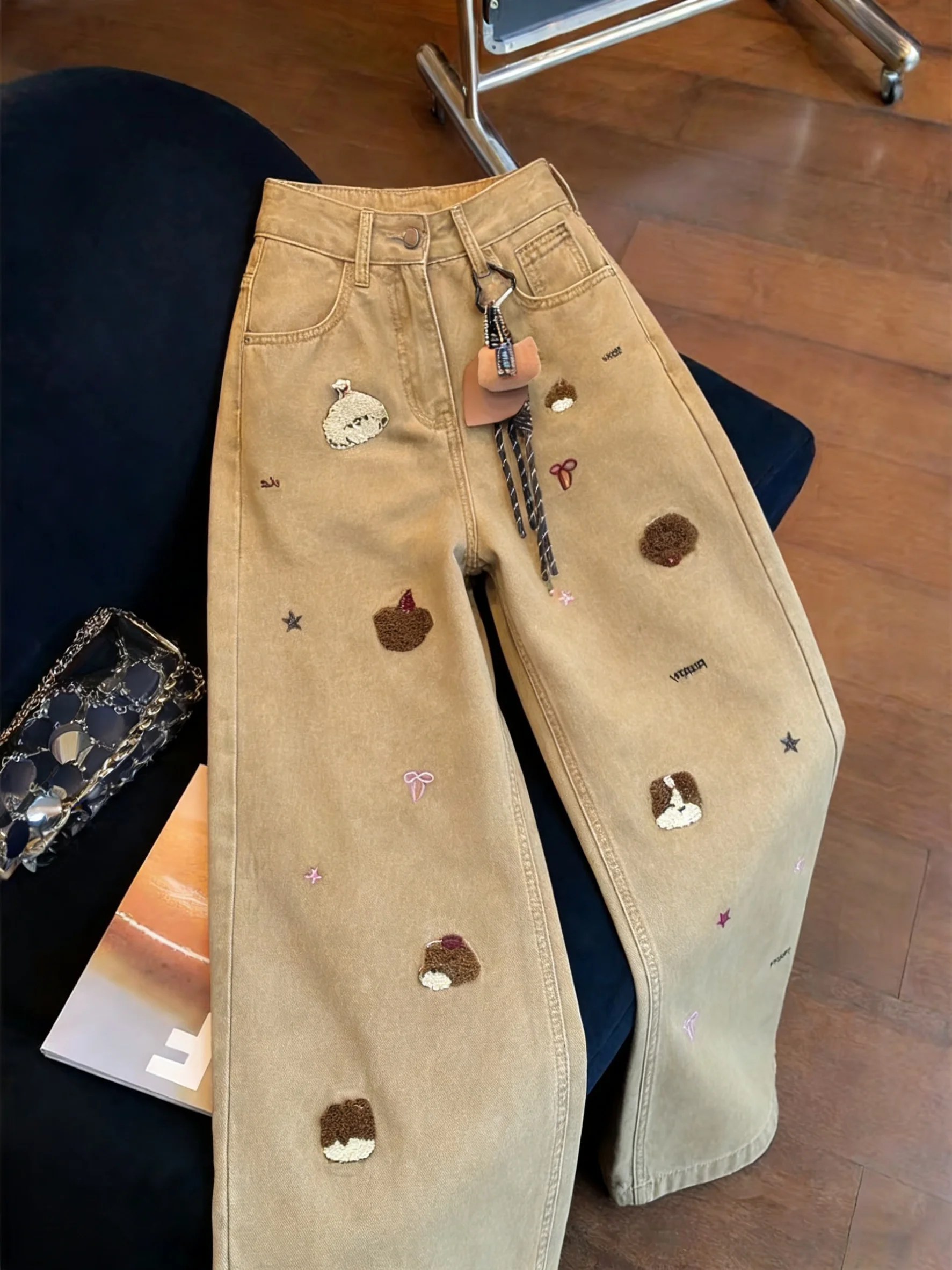 

Джинсы унисекс с мультяшным принтом медведя, с высокой талией, свободного кроя, широкие штанины, повседневные, весна-осень, винтажные, свободные джинсы