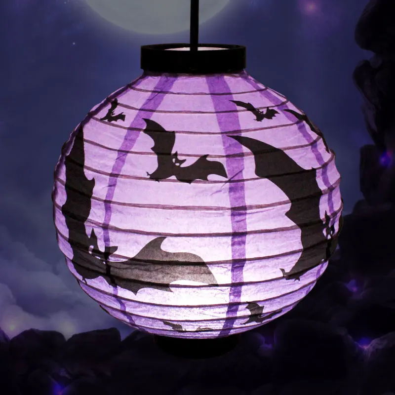 Halloween Themed Paper Lantern Pumpkin Skull Bat Spider Pattern Festival Hanging LED Light Party Decoration Lanterna Ball 8Inch