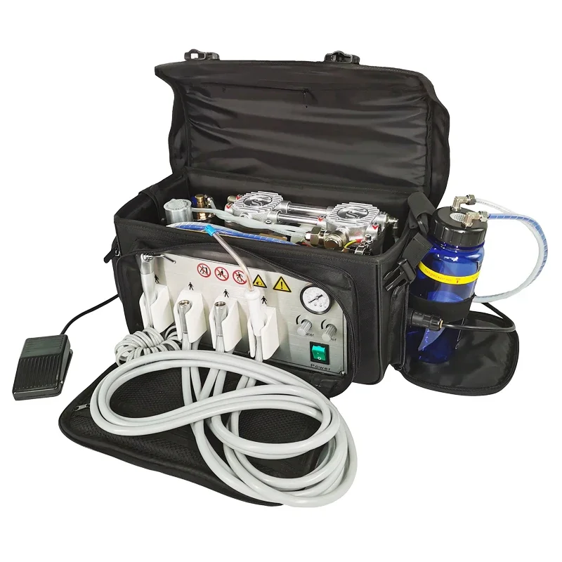 Backpack Portable Dental Unit Air Turbine Unit with Oilless Air Compressor 3 Way Syringe 110/220V 2/4 Holes Handpiece Pipe