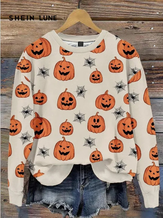 

Thin Long Sleeve Crew Neck Halloween Pumpkin Pattern 3D Print Sweatshirt for Women Shoulder Insert Design Autumn Fashion Top