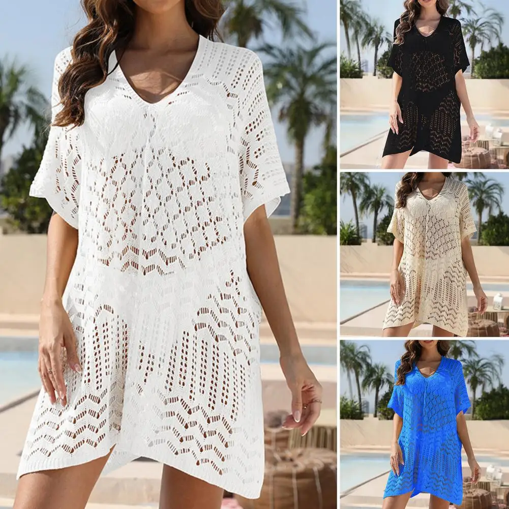 المرأة متماسكة فستان الشاطئ بيكيني التستر كم طويل الخامس الرقبة عارية الذراعين جوفاء الصلبة الكروشيه تونك فستان قصير الإناث كلوبوير