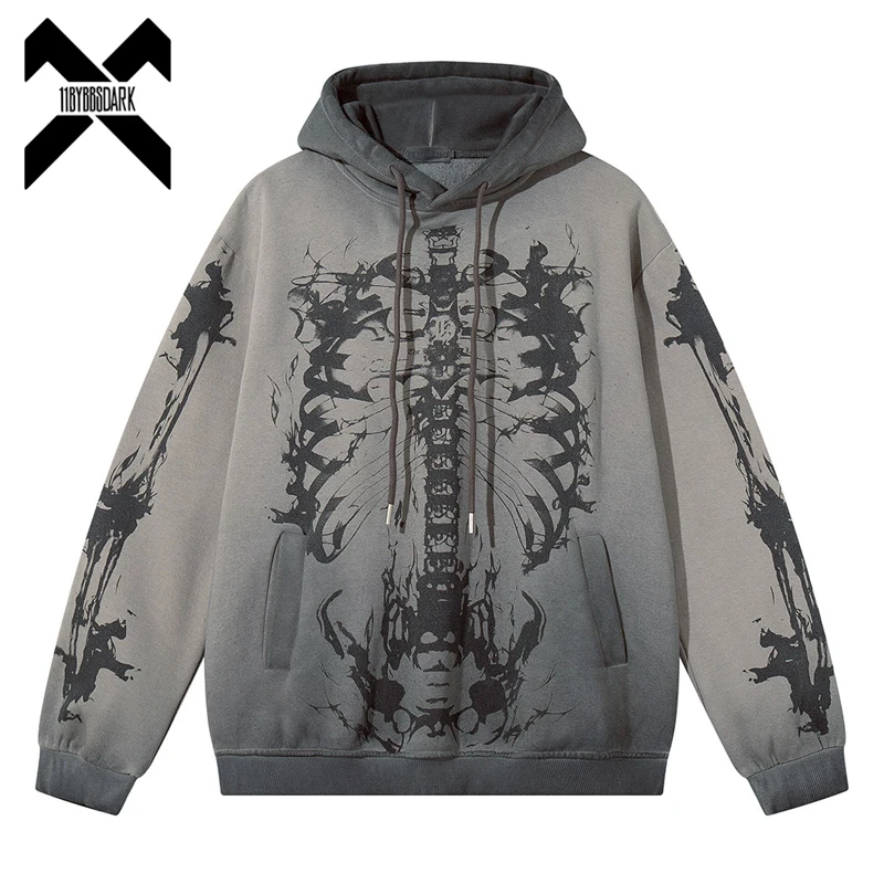 

Men's Skull Print Hoodie Vintage Fleece Pullover Oversized Streetwear Sweatshirt Retro Graphic Cotton Tops