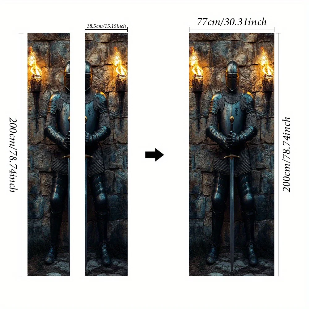 1 medieval knight armor wall sticker - self-adhesive door mural, flame sword, and stone wall home decoration, suitable for bedro