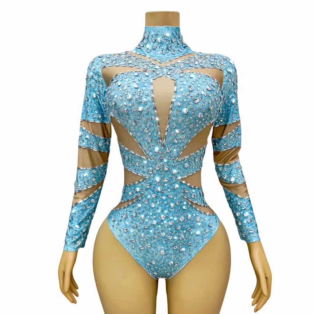 

Fashion Sexy Bodysuit Mesh Crystals Rhinestones Light Blue Celebration Evening Party Club Slim Stage Performance Costume Women