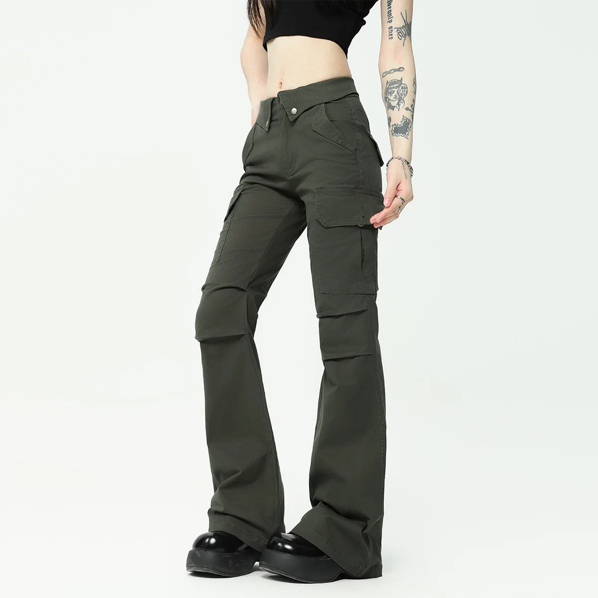 OR FL Street Trend Fold Turn Over American style 97 Cotton Women Cargo Trousers Slimming Cleanfit Wei La Slacks Wide Leg Pants